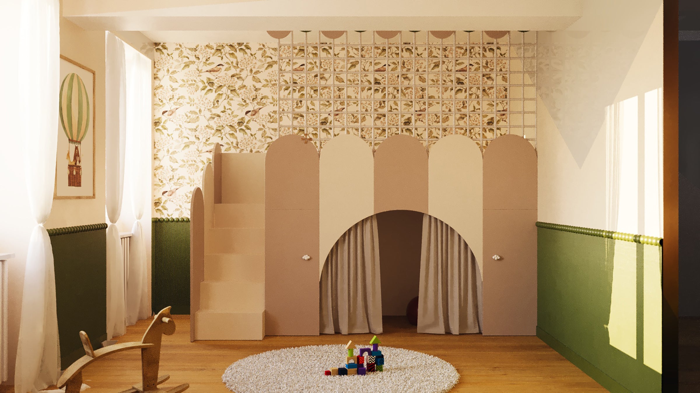 Visualisation 3D d’une chambre d’enfant avec lit cabane sur mesure, papier peint végétal et aménagement intérieur familial à Maurecourt.
