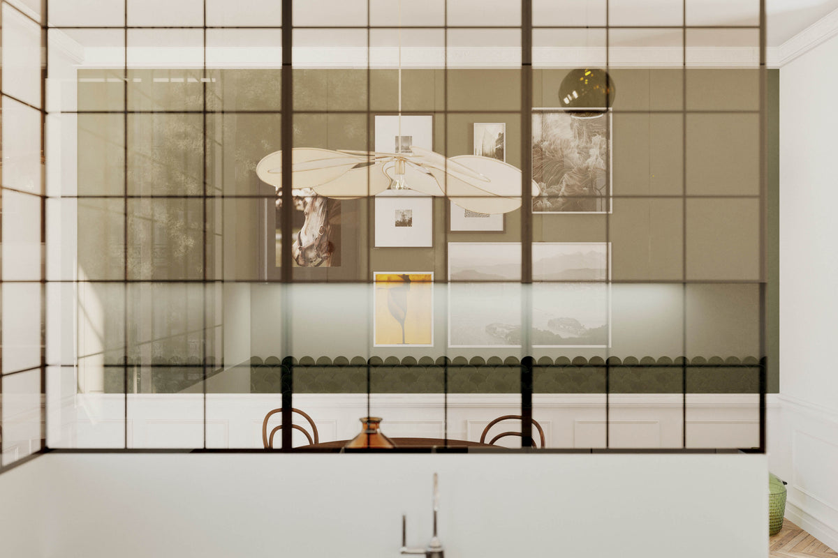 Verrière atelier noire dans une salle à manger lumineuse pour projet d’architecture intérieure à Paris. Création de mobilier sur mesure.