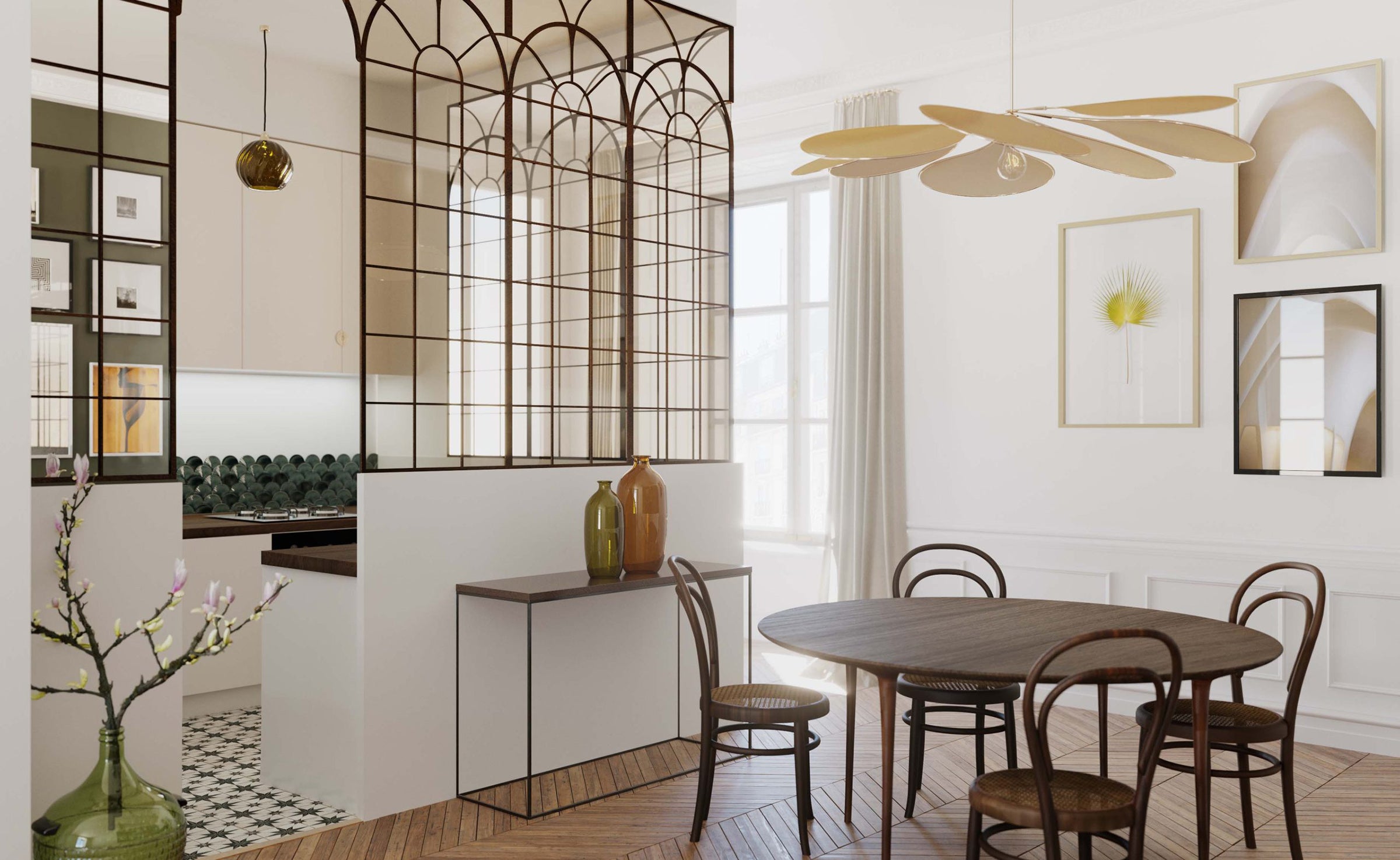 Salle à manger ouverte sur cuisine avec verrière sur mesure, suspension design et design d'espace contemporain à Paris.