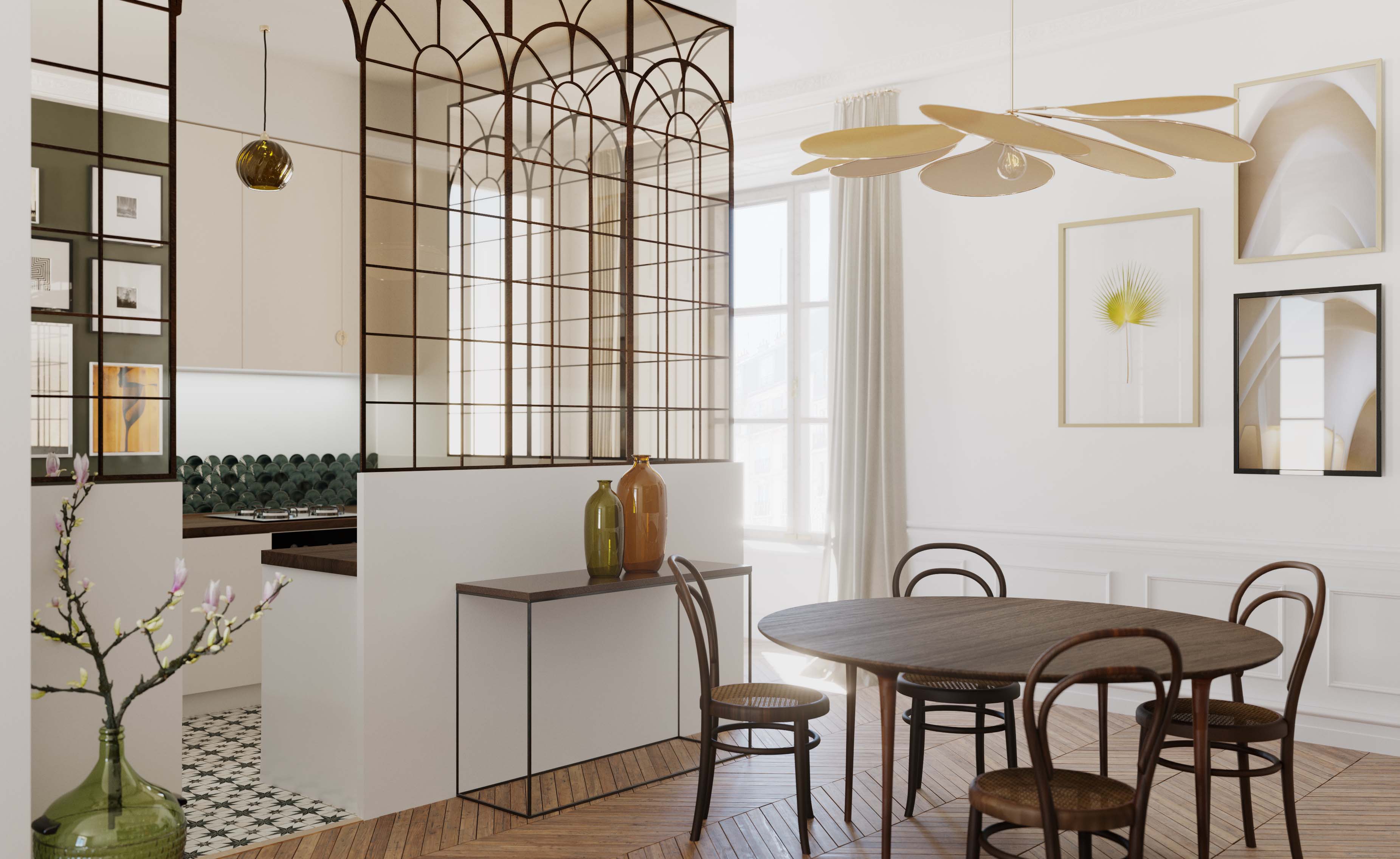 Salle à manger ouverte sur cuisine avec verrière sur mesure, suspension design et design d'espace contemporain à Paris.