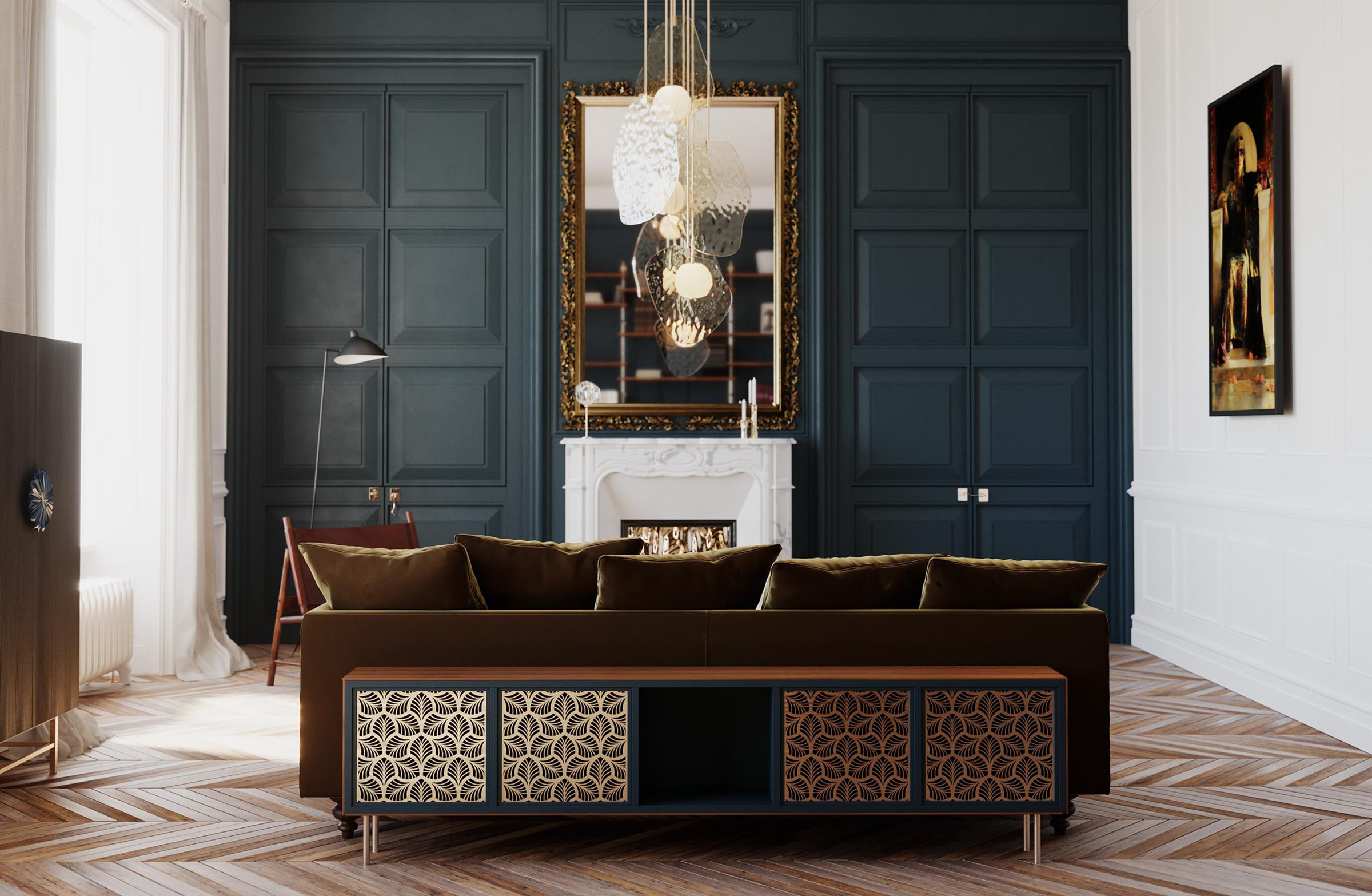 Salon haussmannien, rue Edimbourg à Paris, rénové par Ombre d'Or, architecte d’intérieur à Vincennes avec parquet chevron, cheminée d’époque et mobilier sur mesure contemporain.