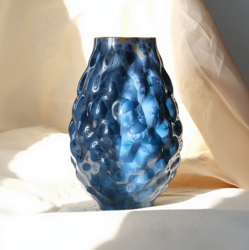 Vase Pineae en porcelaine cristallisée bleue, vue de face. #couleur_bleu