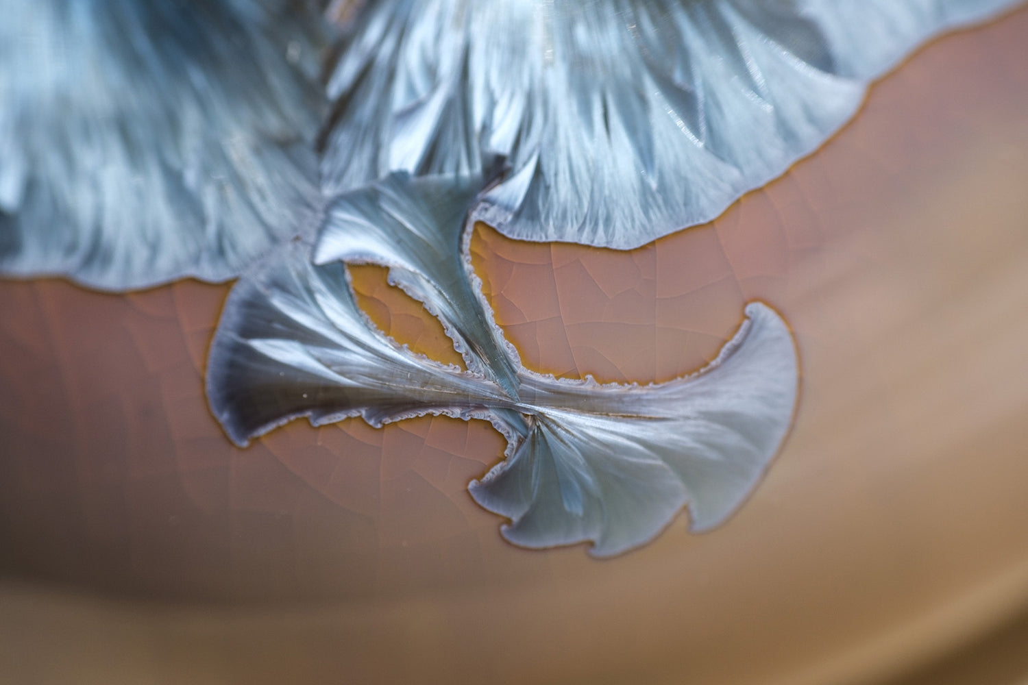 Gros plan sur les cristallisations bleues et nacrées d’une patère Agate en céramique rose, créée par Ombre d’Or.