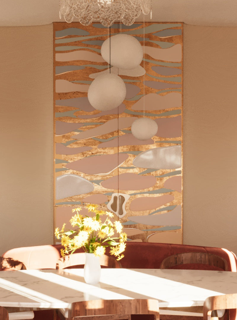 Visualisation d'un espace intérieur avec séparation sculpturale inspirée du paysage et de la lumière méditerranéenne pour un appel à projets Villa Médicis.
