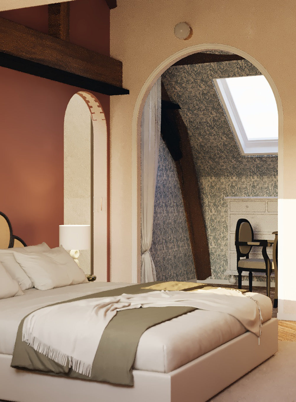 Rendu 3D d’une chambre parentale sous combles avec arche décorative, ambiance chaleureuse et décoration intérieure sur mesure.