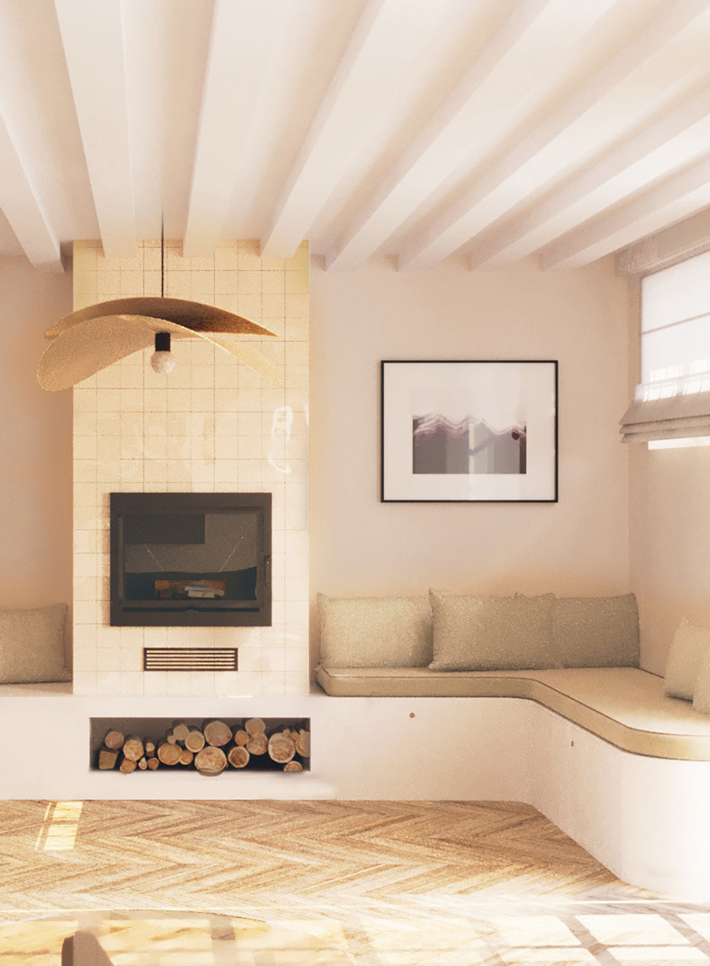 Concept 3D d’un espace de vie avec cheminée intégrée, assises sur mesure et rénovation intérieure d’une maison familiale à Maurecourt.