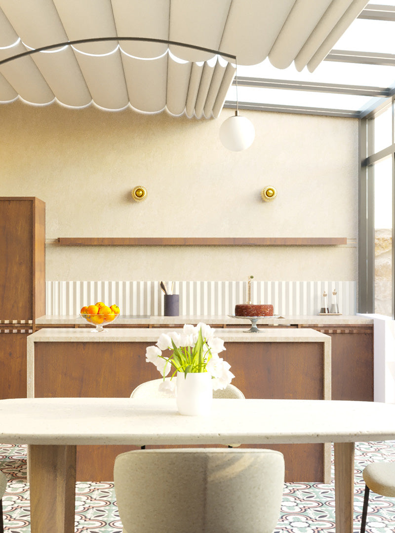 Extension véranda du projet Maurecourt avec cuisine ouverte, salle à manger lumineuse et verrière en toiture.