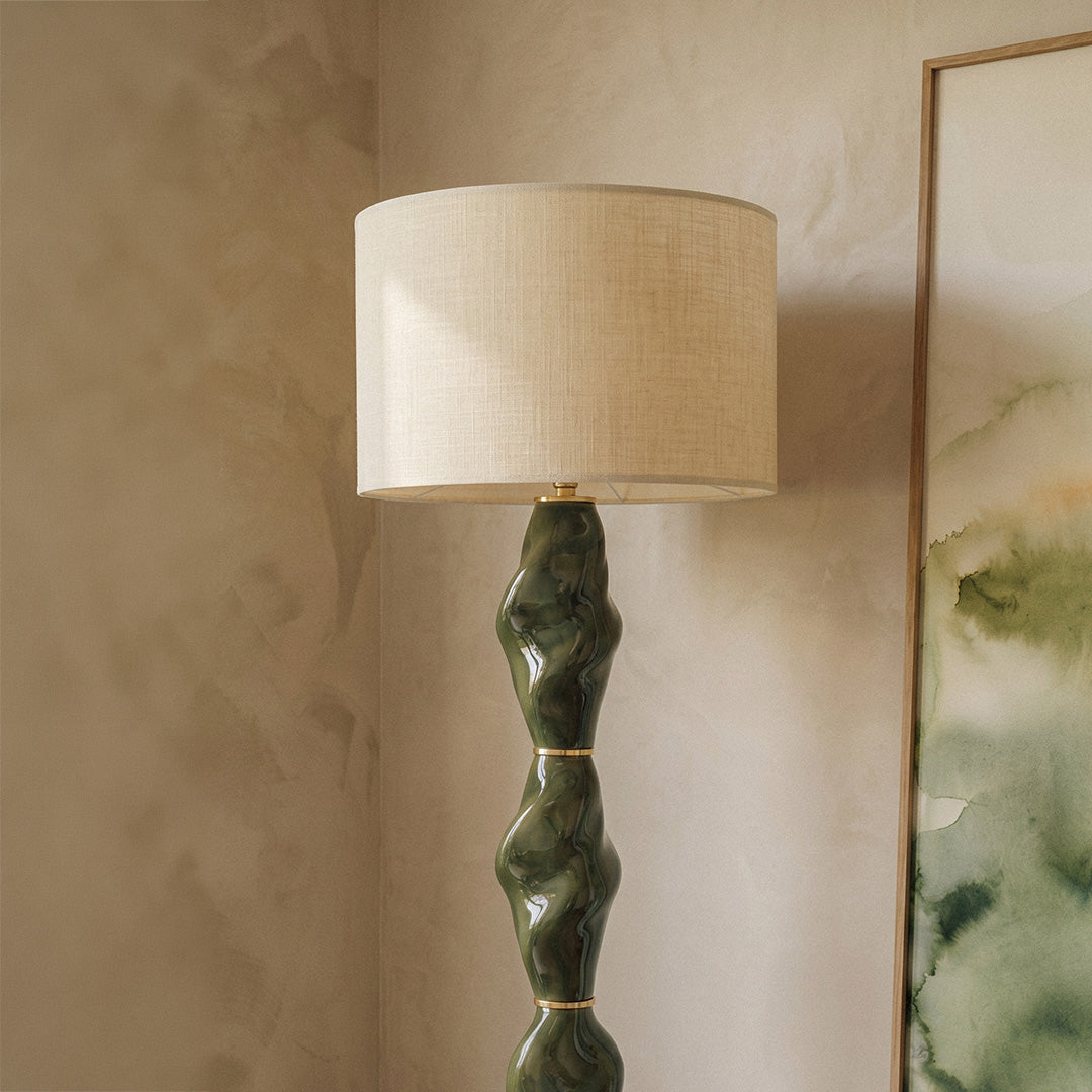 Détail abat-jour de la lampe en porcelaine Casadio lin clair