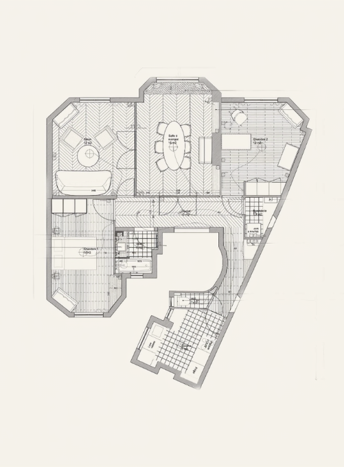 Plan d’aménagement d'un projet de rénovation d’appartement et de design d’espace à Paris.