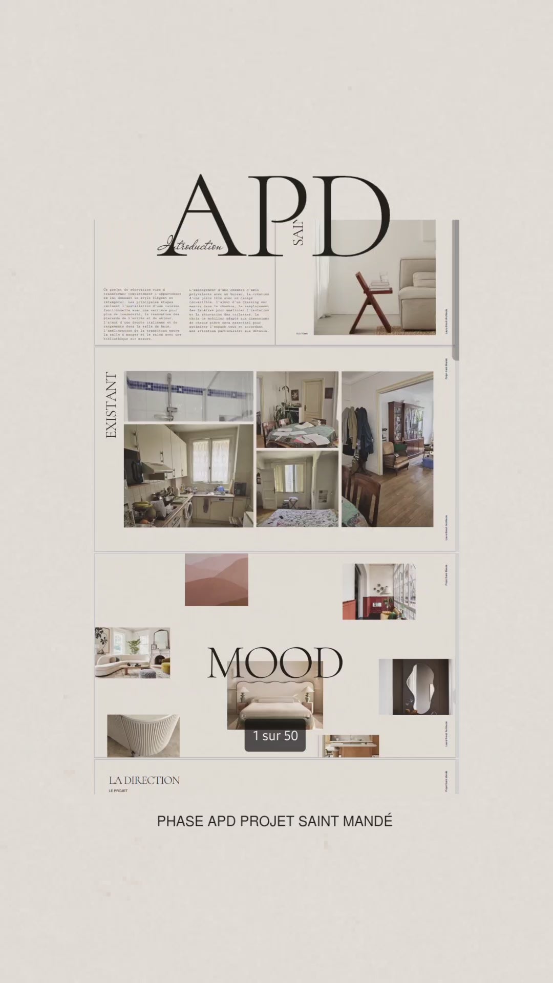 Document détaillant le phase APD du projet Saint Mandé avec rendu réaliste 3d du design intérieur et inspiration de couleurs et matièriaux.