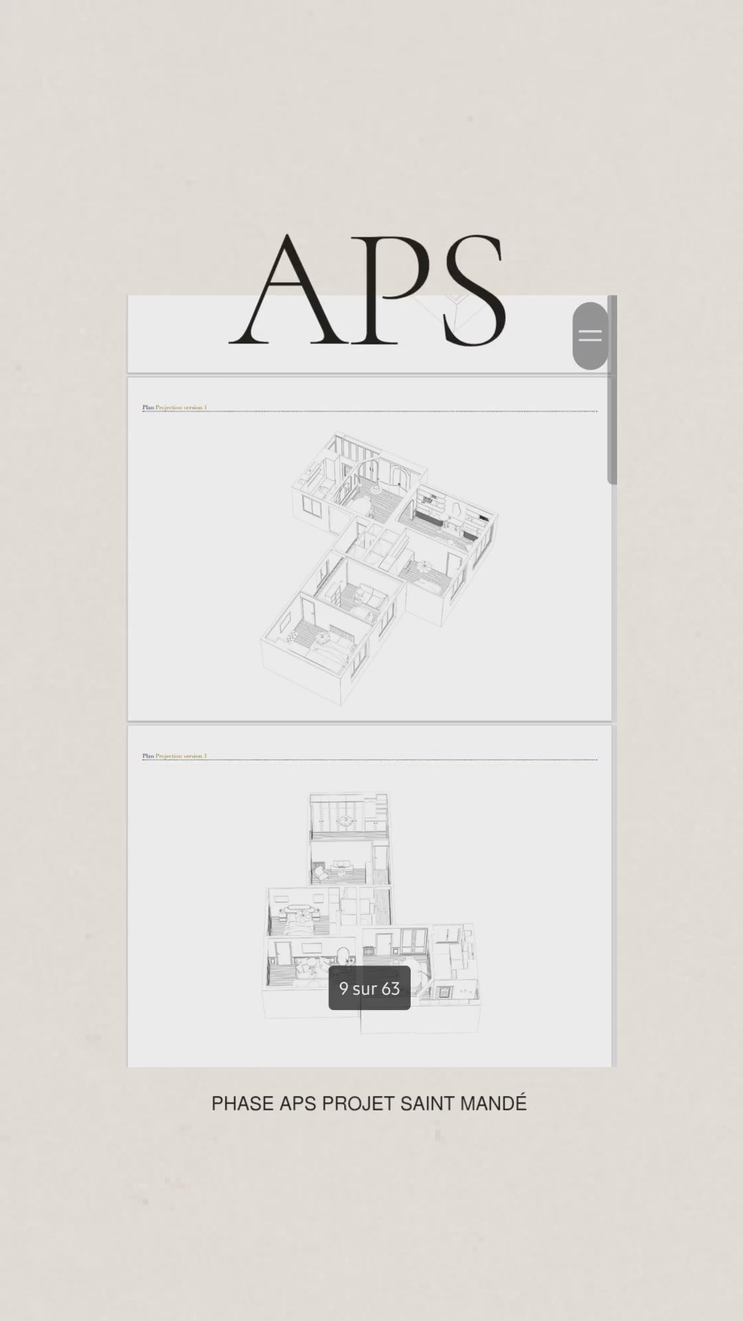 Document d'avant-projet coorespondant à la phase esquisse pour un appartement de Saint Mandé avec plans, perspectives filaires et direction artistique.