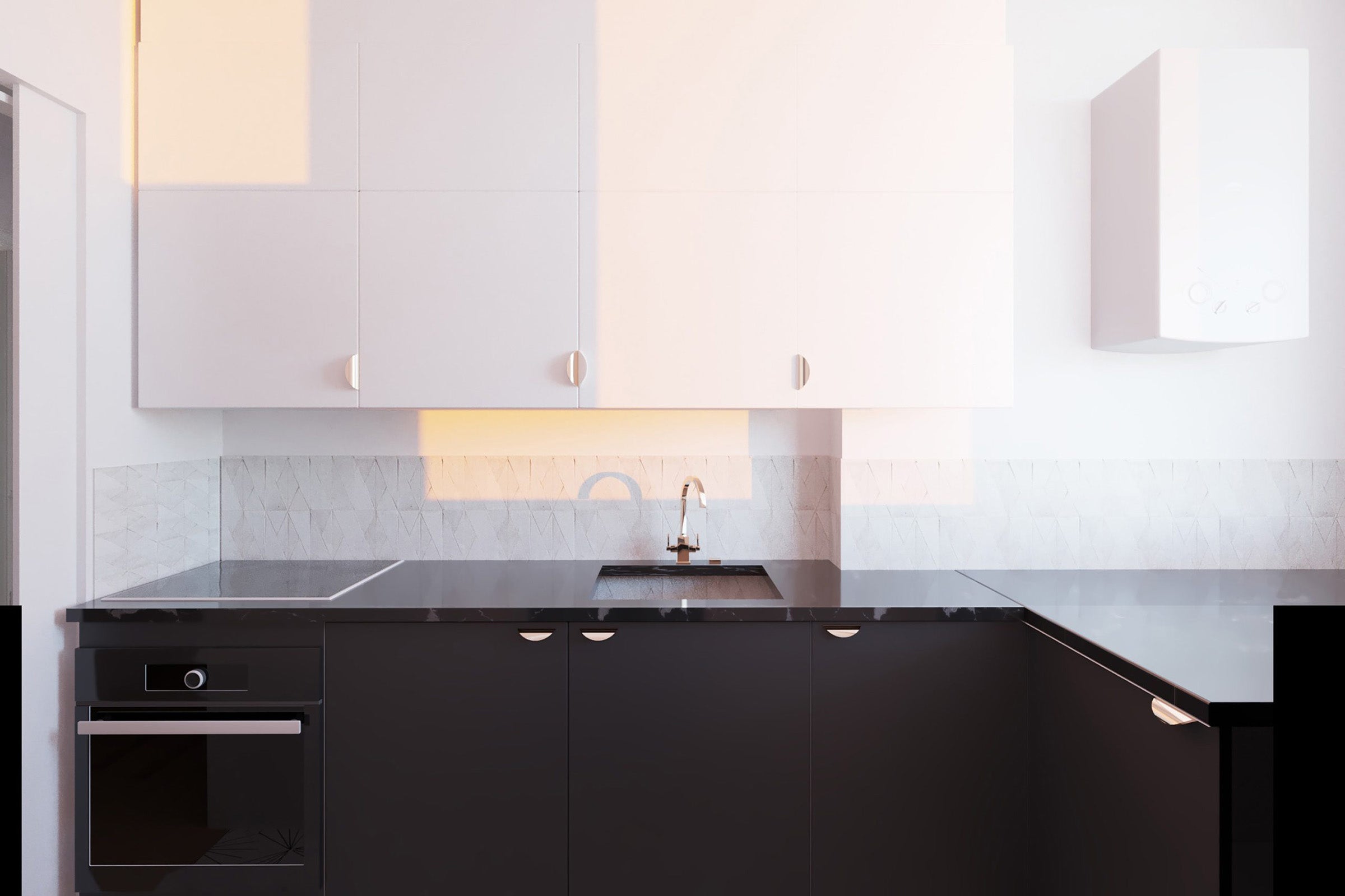 Cuisine noire et blanche rénovée dans un appartement haussmannien parisien avec design minimaliste et matériaux contrastés.