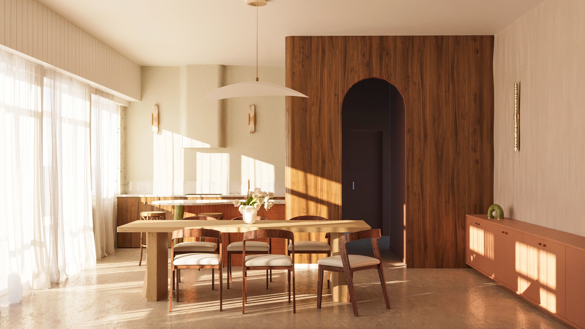 Architecture d’intérieur contemporaine pour la Villa Médicis, visualisation 3D d’un espace repas minimaliste baigné de lumière naturelle et de matières chaleureuses.