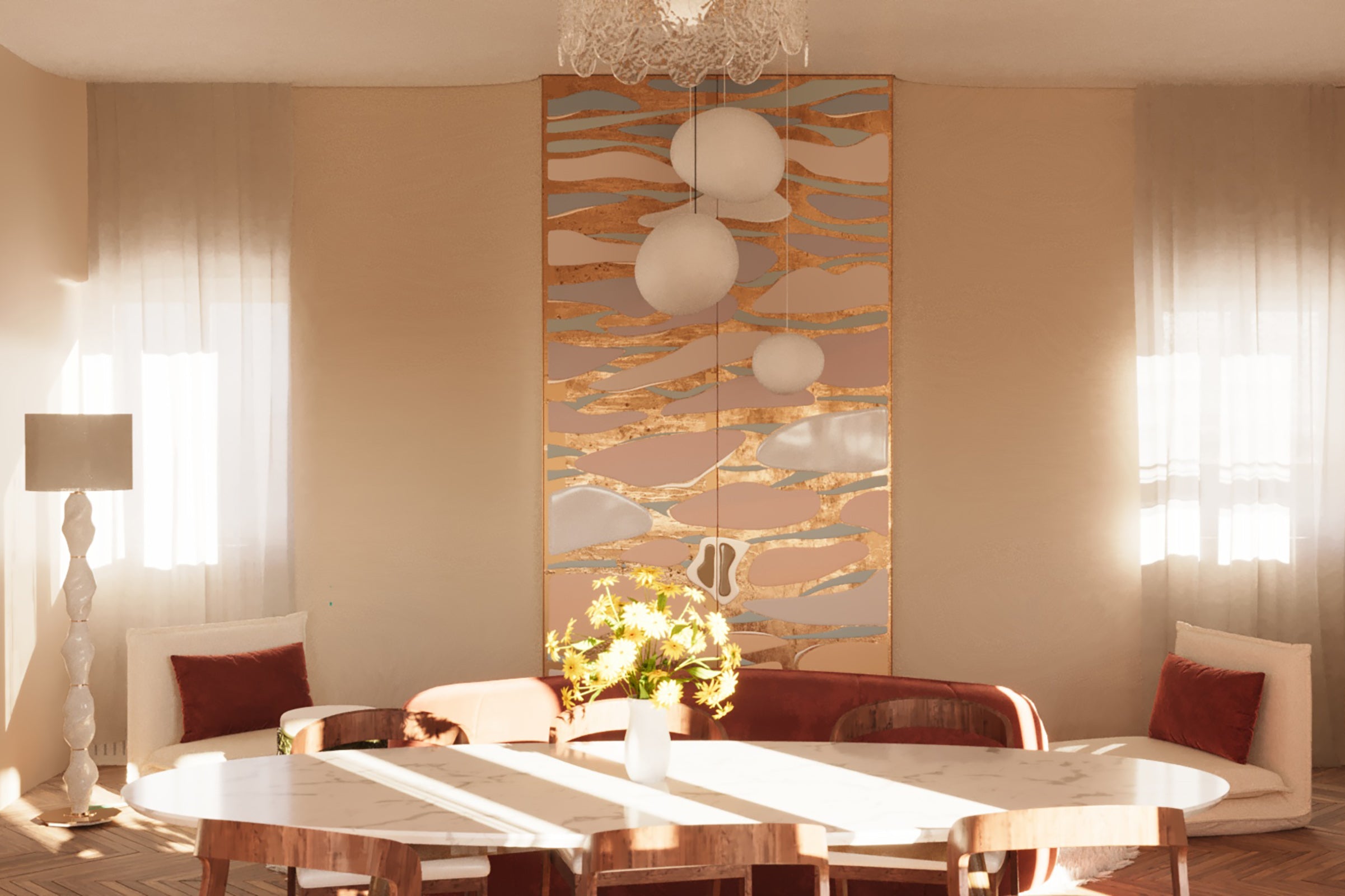 Projet d’architecte d’intérieur pour la Villa Médicis, visualisation 3D d’une salle à manger contemporaine aux matières naturelles et à la lumière dorée.