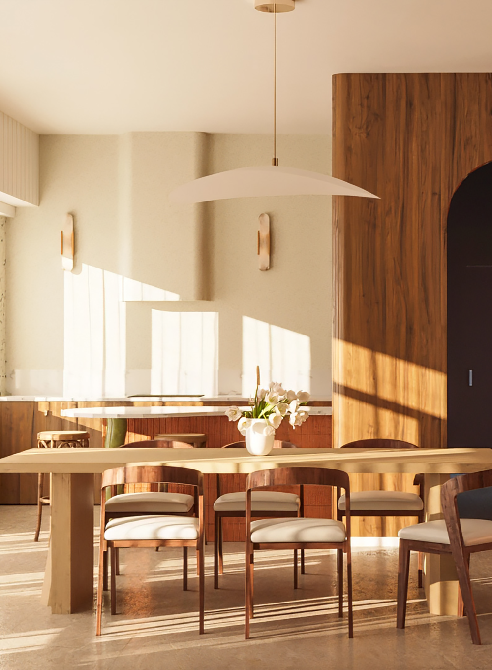 Architecture d’intérieur contemporaine pour la Villa Médicis, visualisation 3D d’un espace repas minimaliste baigné de lumière naturelle et de matières chaleureuses.