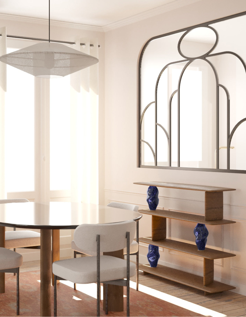 Projet de design d'intérieur pour la salle à manger d'un appartement situé à Saint Mandé. Maquette 3D par Ombre d'Or, architectes à Vincennes.