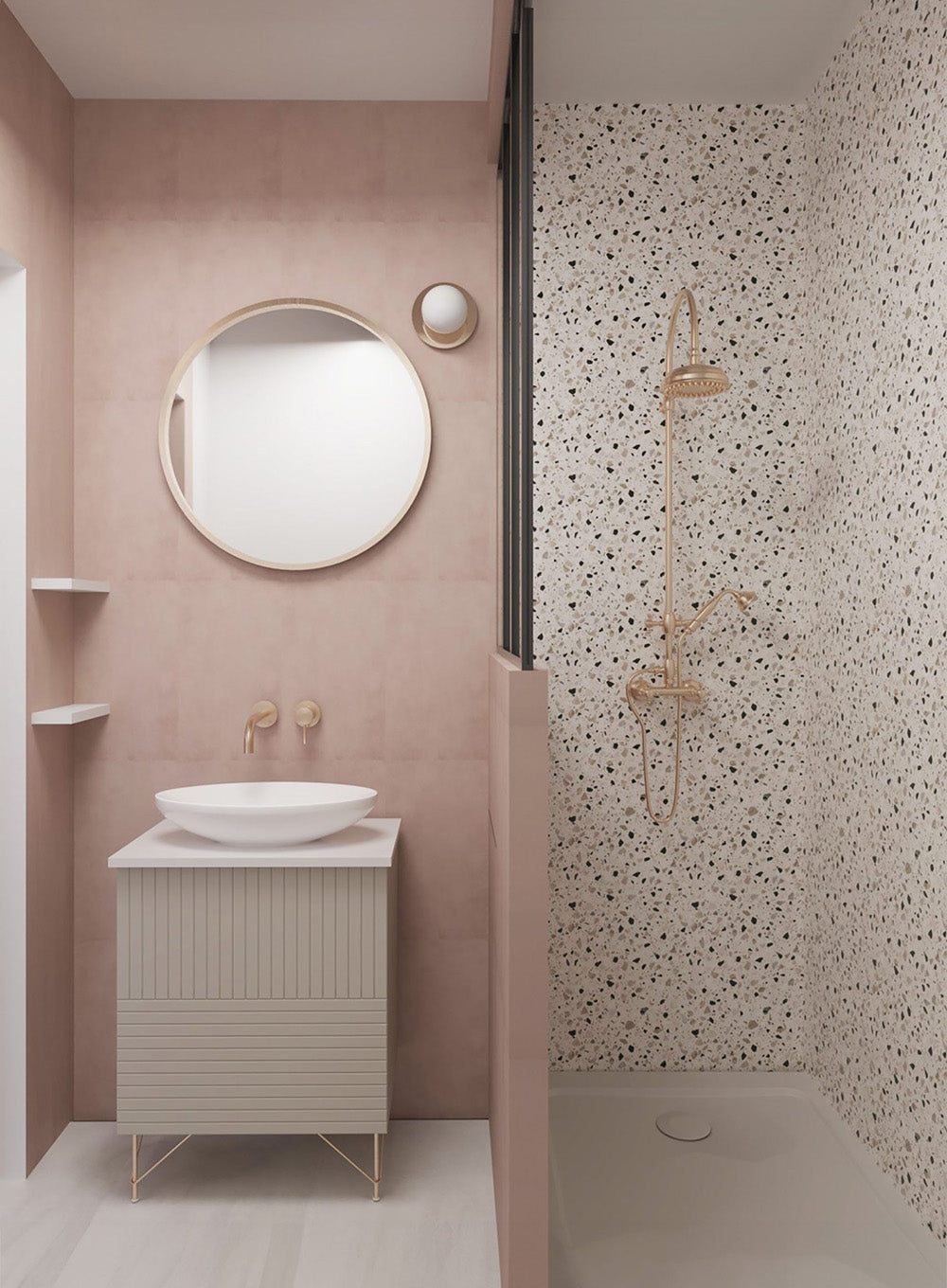 Salle de bain contemporaine imaginée par Ombre d'Or, architecte d’intérieur à Vincennes, avec terrazzo graphique, douche verrière et design intérieur élégant.