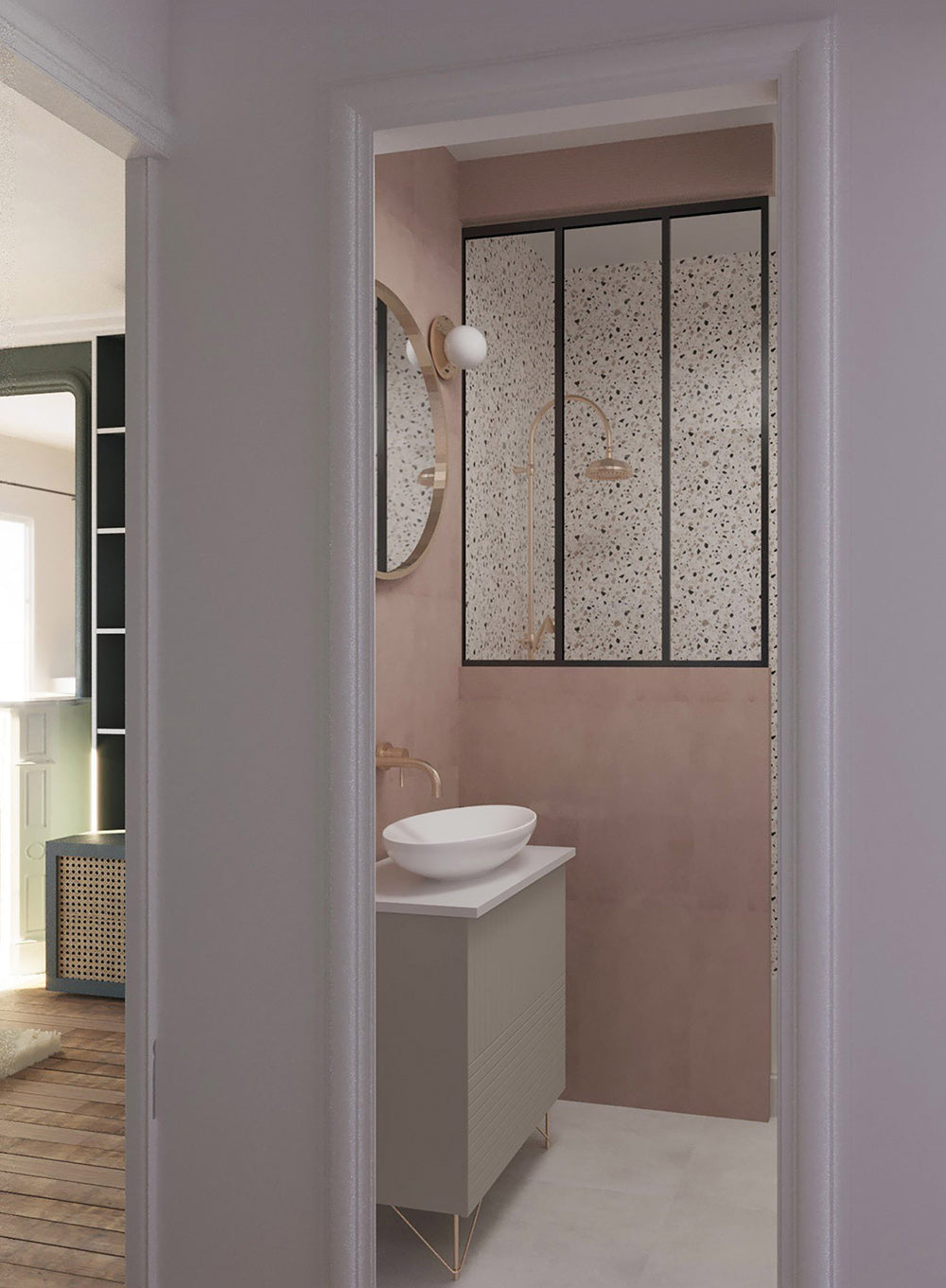 Salle de bain rénovée à Paris, aux portes de Vincennes, avec verrière atelier noire, béton ciré rose poudré et design d'espace minimaliste.