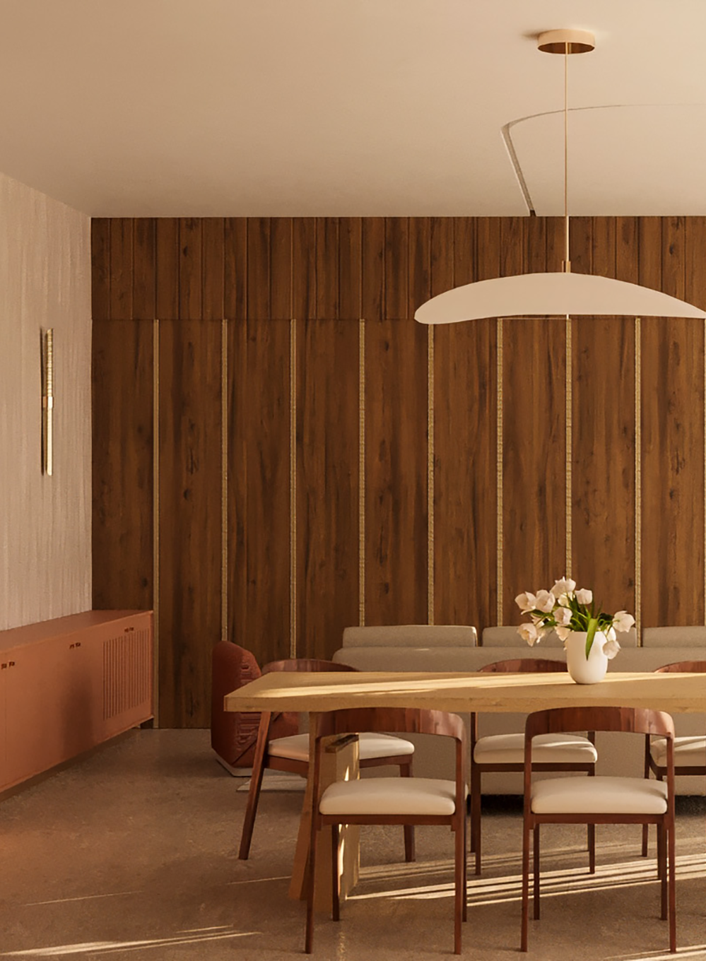 Projet de design d’espace pour le salon et la salle à manger de la Villa Médicis, à Rome. Visualisation 3D d’un intérieur sur mesure bois texturé et ambiance méditerranéenne.