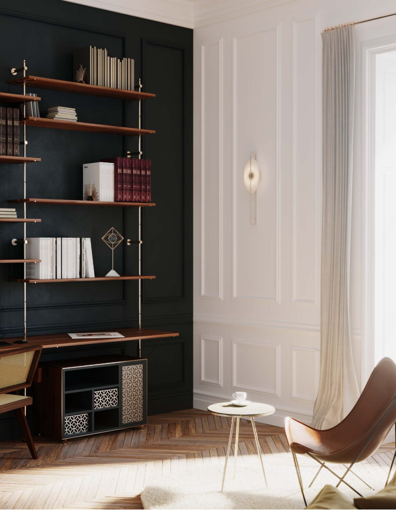 Projet de design d'intérieur pour un appartement haussmannien à Paris. Maquette 3D du salon après rénovation, vue bibliohèque, par Ombre d'Or, architectes à Vincennes.