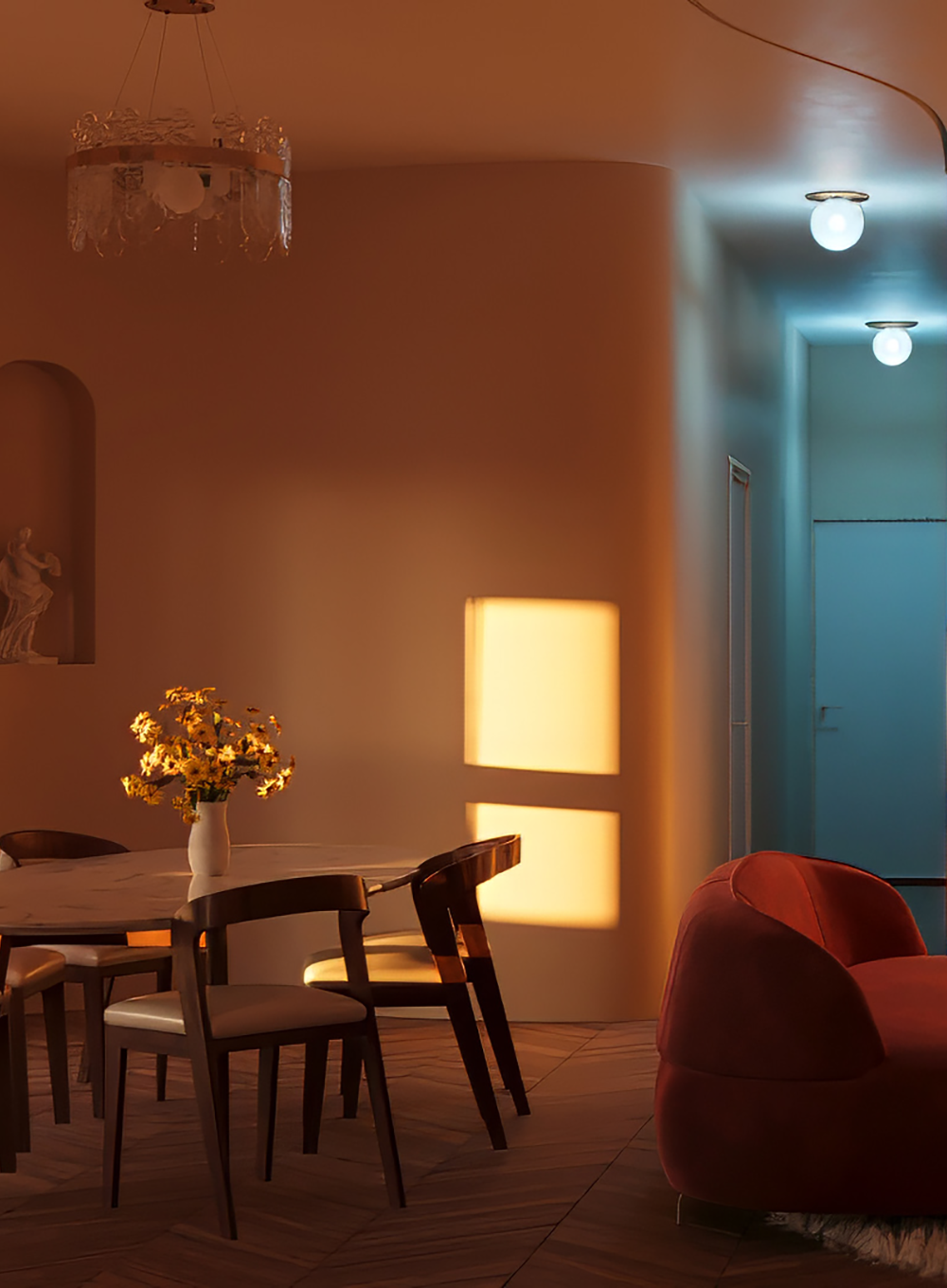 Rendu 3D d'un salon et salle à manger avec design d’intérieur immersif pour la Villa Médicis. Lumières cinématographiques et lignes courbes enveloppantes.