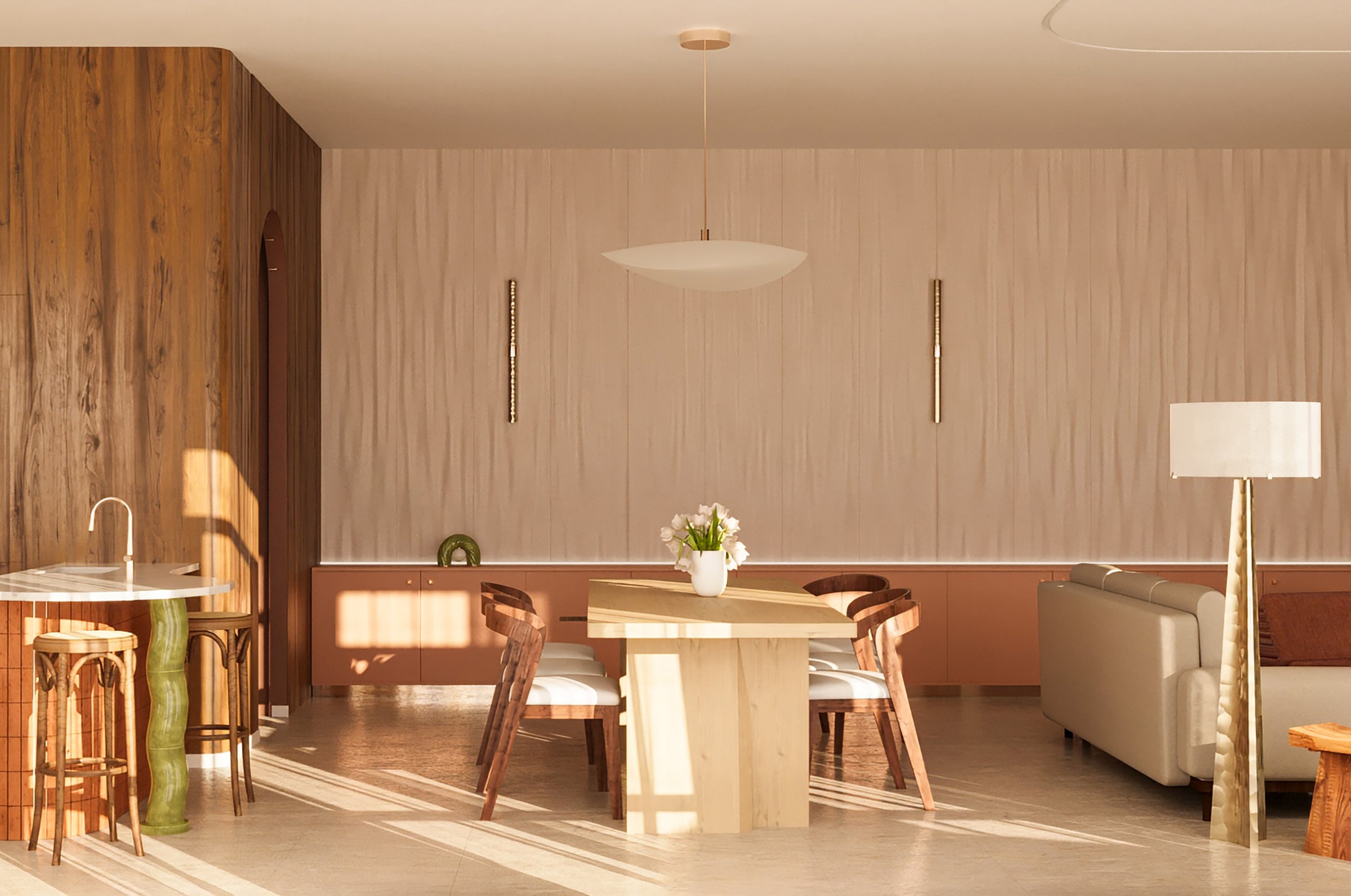 Architecture d’intérieur contemporaine pour la Villa Médicis à Rome, visualisation 3D d’un espace de vie chaleureux mêlant bois texturé, mobilier sculptural et lumière naturelle immersive.