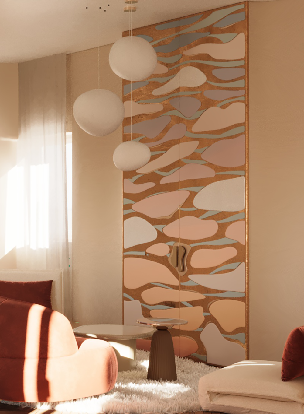 Design d’intérieur artistique pour la Villa Médicis, visualisation 3D d’un salon aux formes organiques avec cloison graphique et mobilier contemporain.