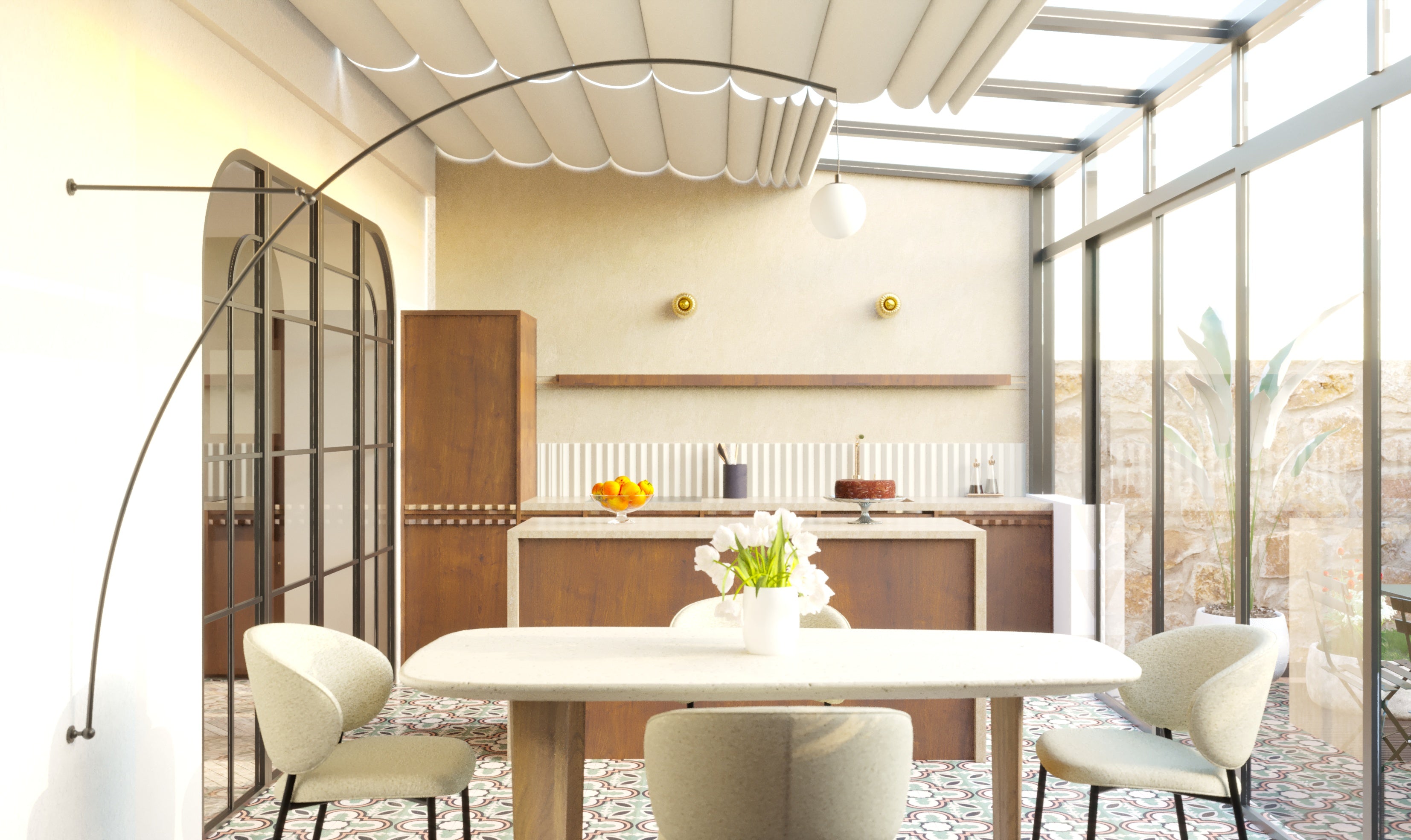 Vue 3D d’un projet d’architecture intérieure à Maurecourt avec véranda aménagée en cuisine ouverte, verrière atelier et mobilier sur mesure en bois foncé.