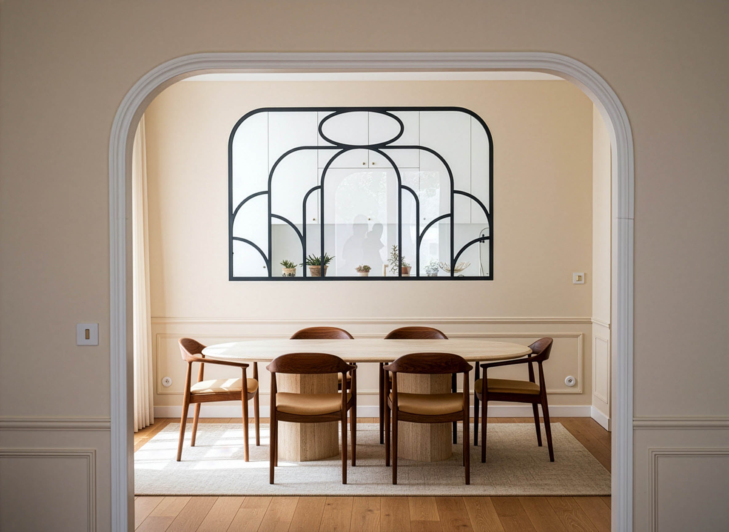 Architecture d’intérieur pour un projet à Saint Mandé avec salle à manger minimaliste, verrière en métal noir sur mesure et mobilier aux lignes organiques dans un appartement rénové avec douceur.